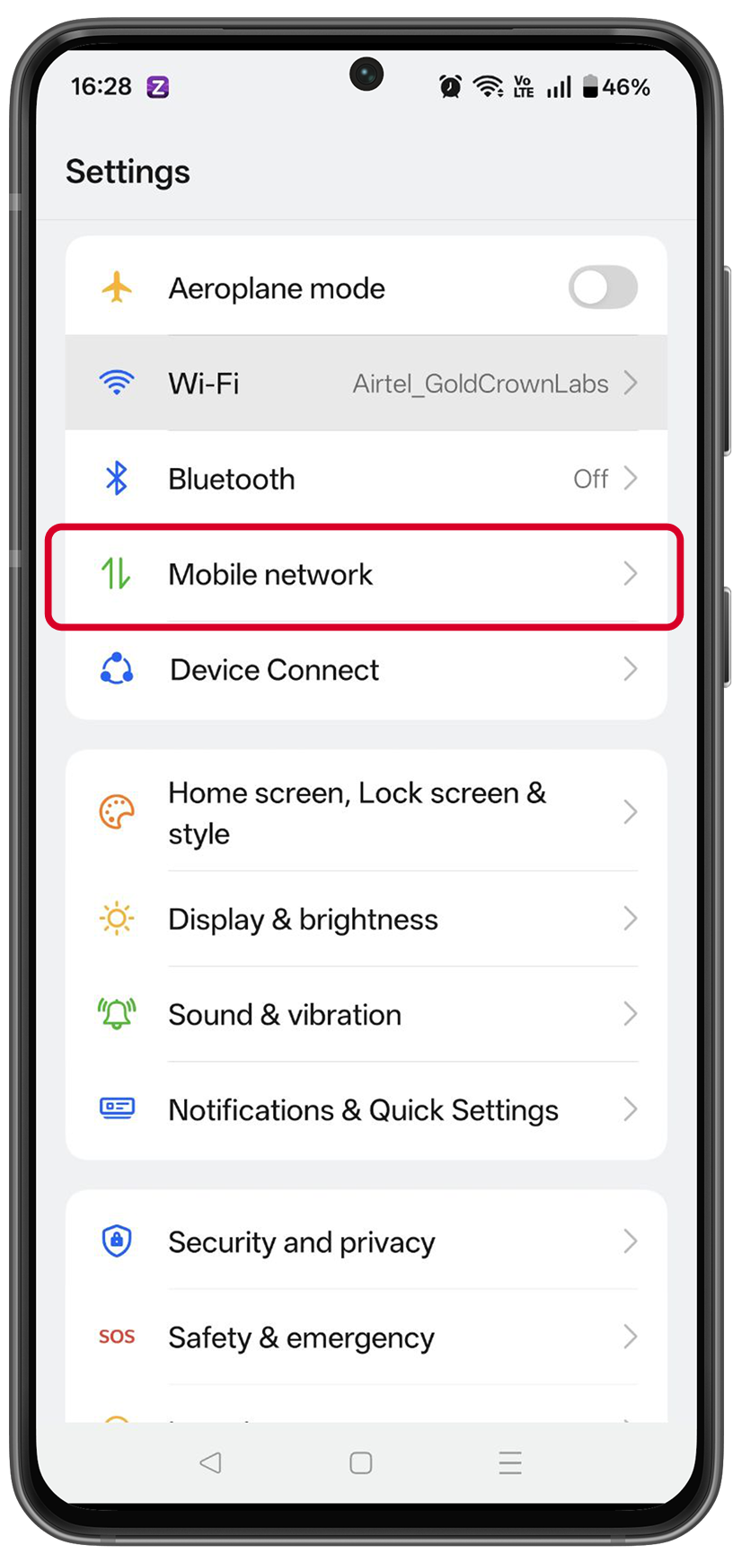 Android Settings screen