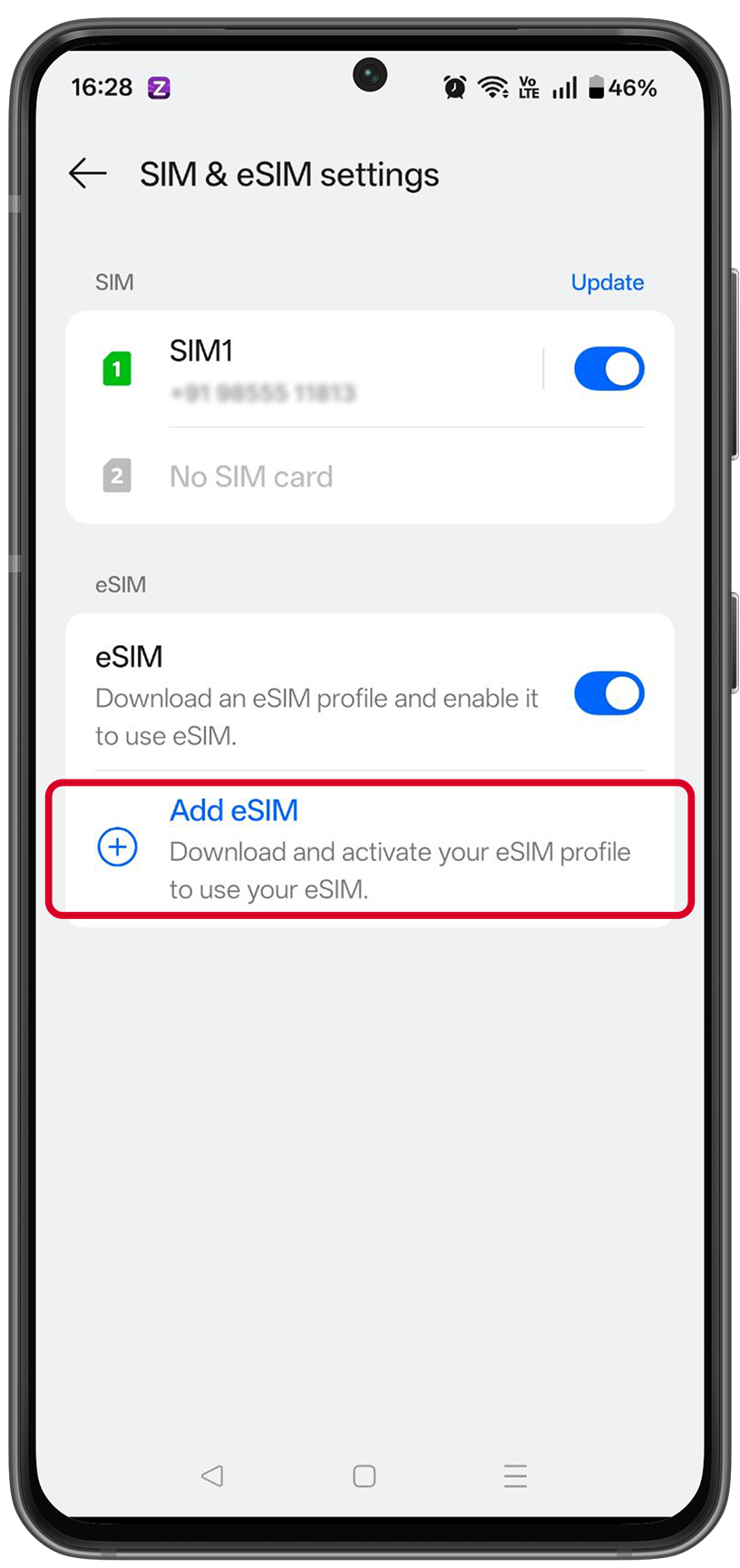 SIMs screen with Add eSIM