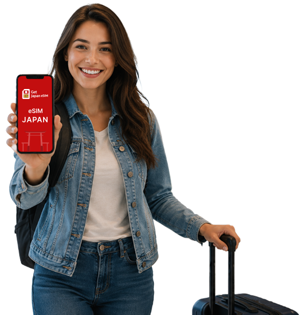 Traveler holding a phone showing the Get Japan eSIM app