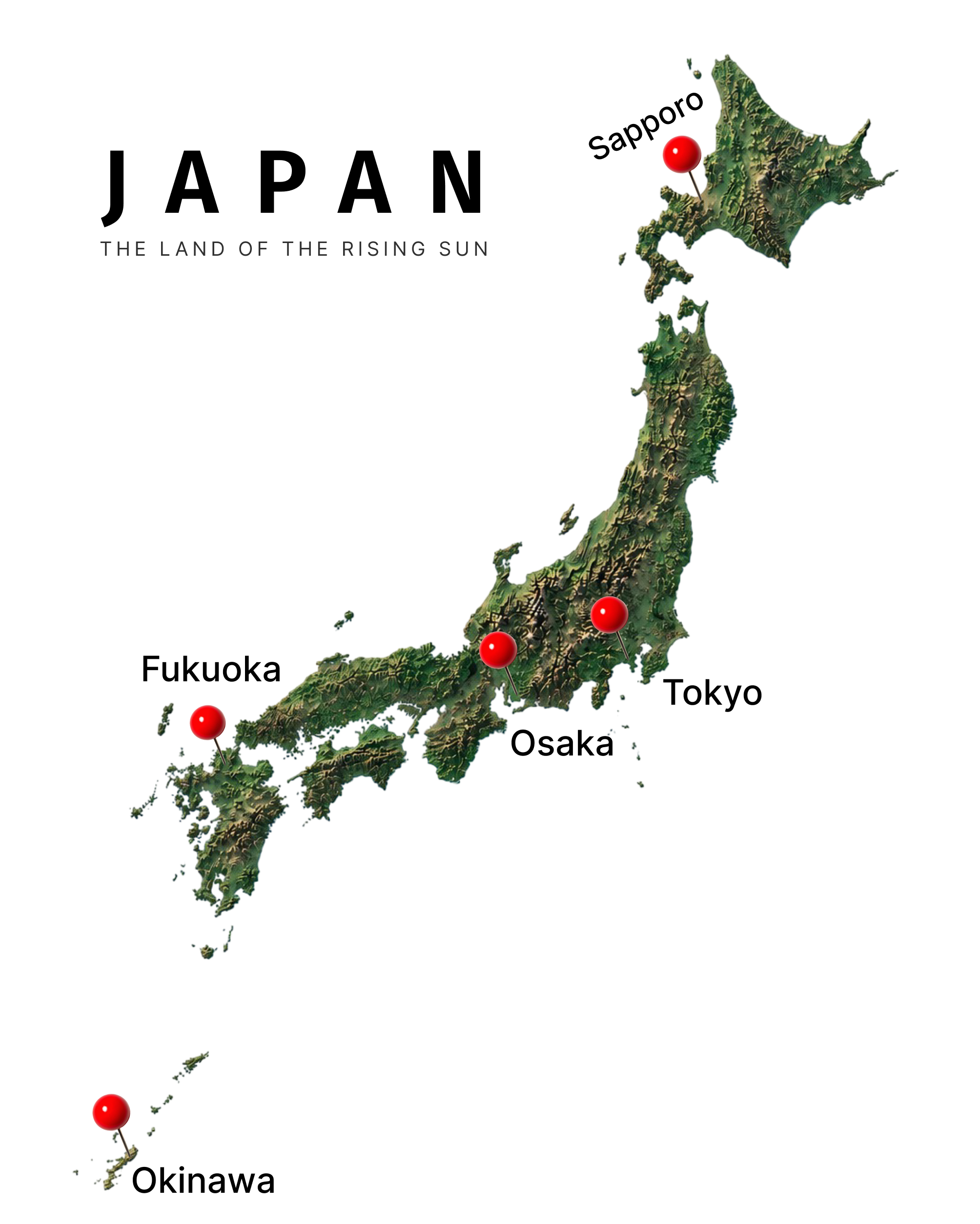 Map of Japan with coverage pins in Sapporo, Tokyo, Osaka, Fukuoka and Okinawa