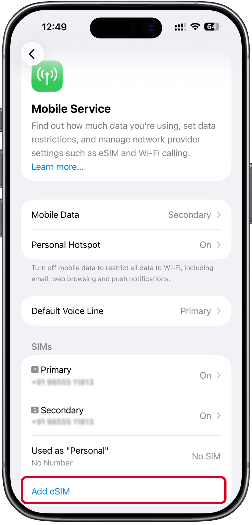 Mobile Service screen with Add eSIM