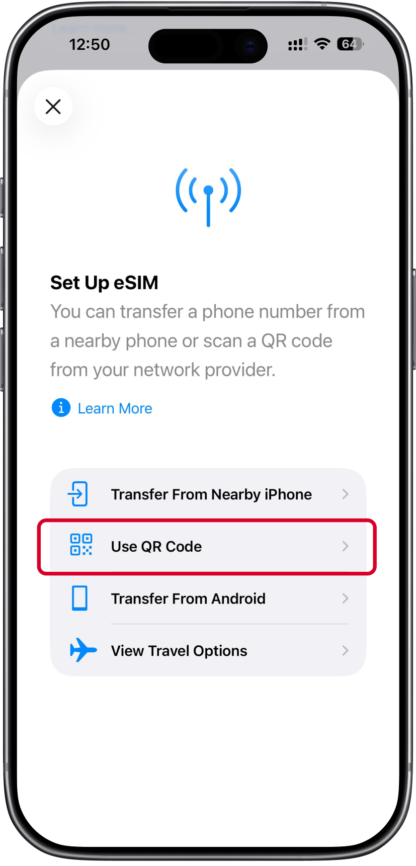 Set Up eSIM screen with Use QR Code
